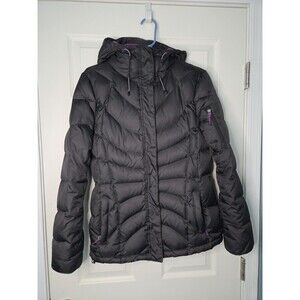 LANDS END Down Filled Puffer Jacket Purple & Black Women Sz 6-8 Med Hooded *flaw